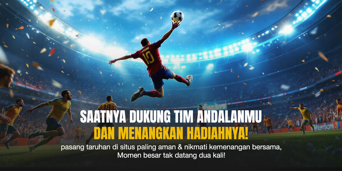 Pemain sepak bola nomor 10 lompat menendang bola di tengah stadion besar dengan sorotan cahaya dan penonton yang ramai.